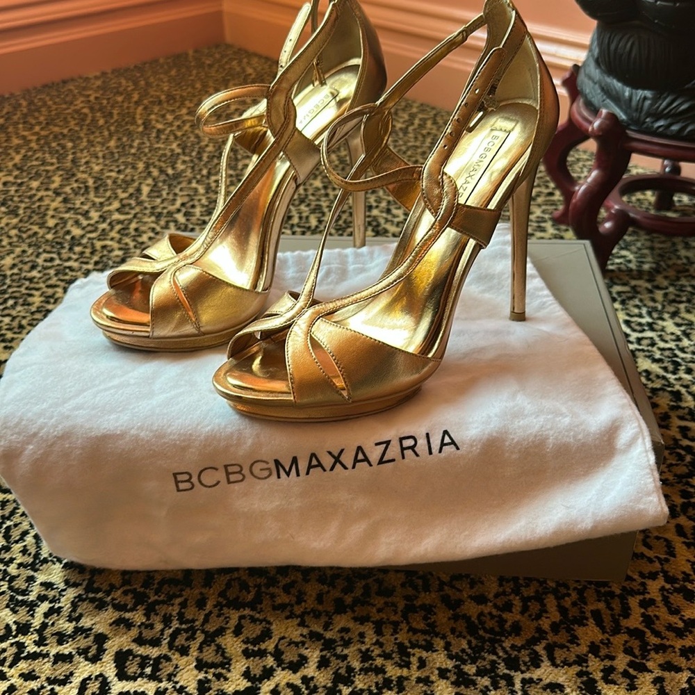 BCBGMaxAzria Metallic Gold Strappy Heels